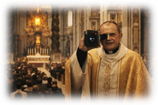 A priest standing inside a church in an archival photograph